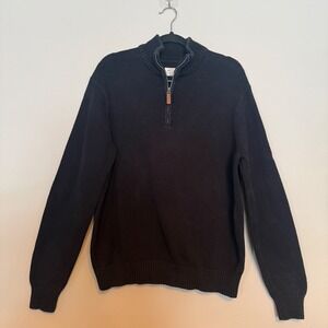 St Johns Bay Mens Black Cotton Quarter Zip Chunky Sweater Size L Pullover Knit